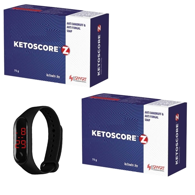 Ketoscore Z 2 Pcs Anti Dandruff & Anti Fungal Soap (75 g) with Digital Watch (Black) (Set of 2)