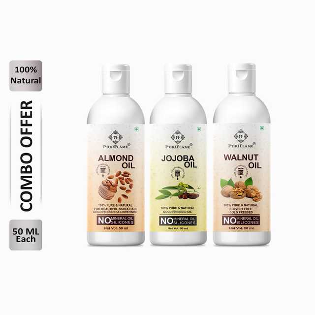 Puriflame Pure Almond Oil (50 ml), Jojoba Oil (50 ml) & Walnut Oil (50 ml) Combo for Rapid Hair Growth (Pack Of 3) (B-8763)