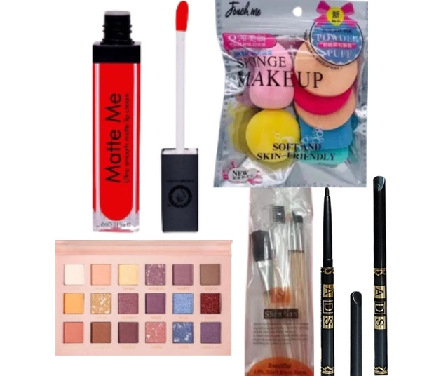 Combo of Matte Me Lip Gloss with Eyeshadow Palatte, Makeup Sponges Set, Brushes Set & Waterproof Eyeliner (Multicolor, Set of 5)