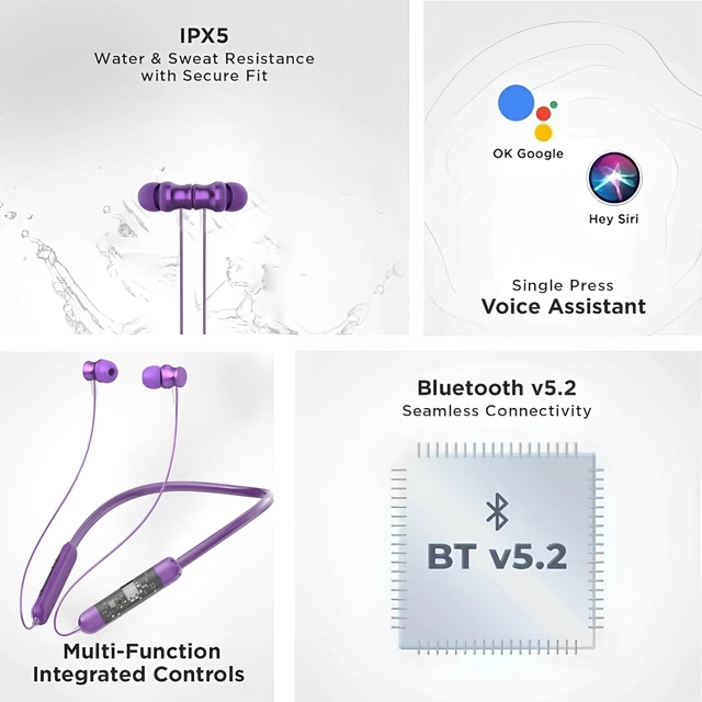 Rechargeable Wireless Bluetooth Neckband (Purple)