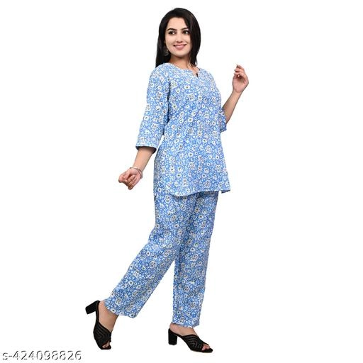 Rayon Printed Nightsuit for Women (Blue, S)