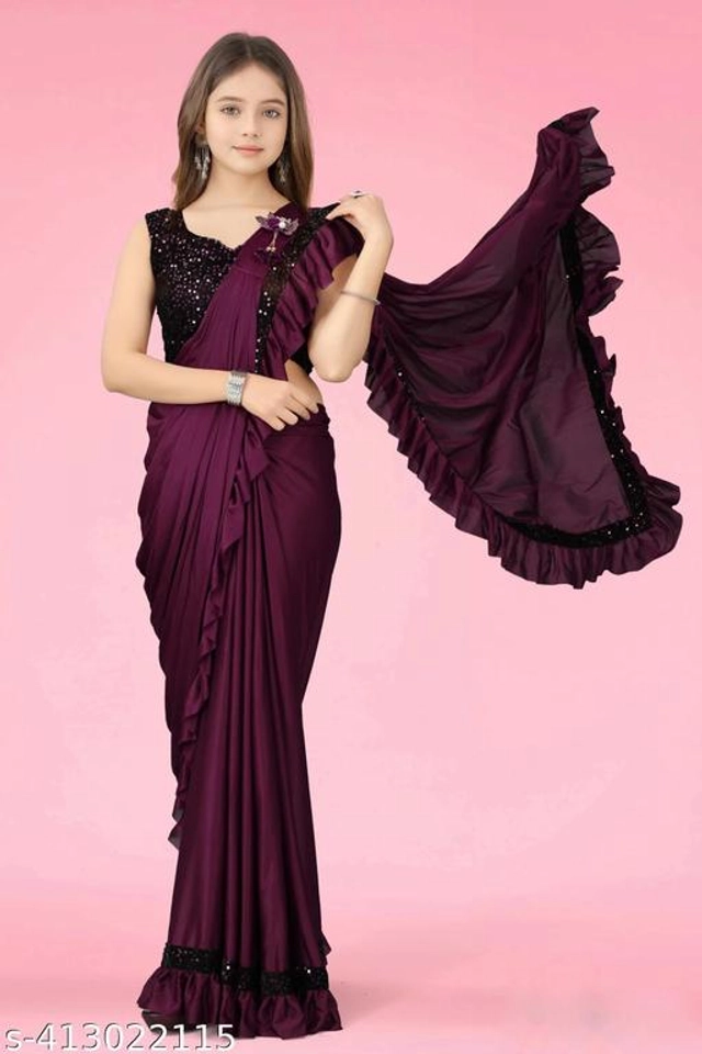 Solid Fancy Saree for Girls with Blouse (Wine, 3-4 Years)