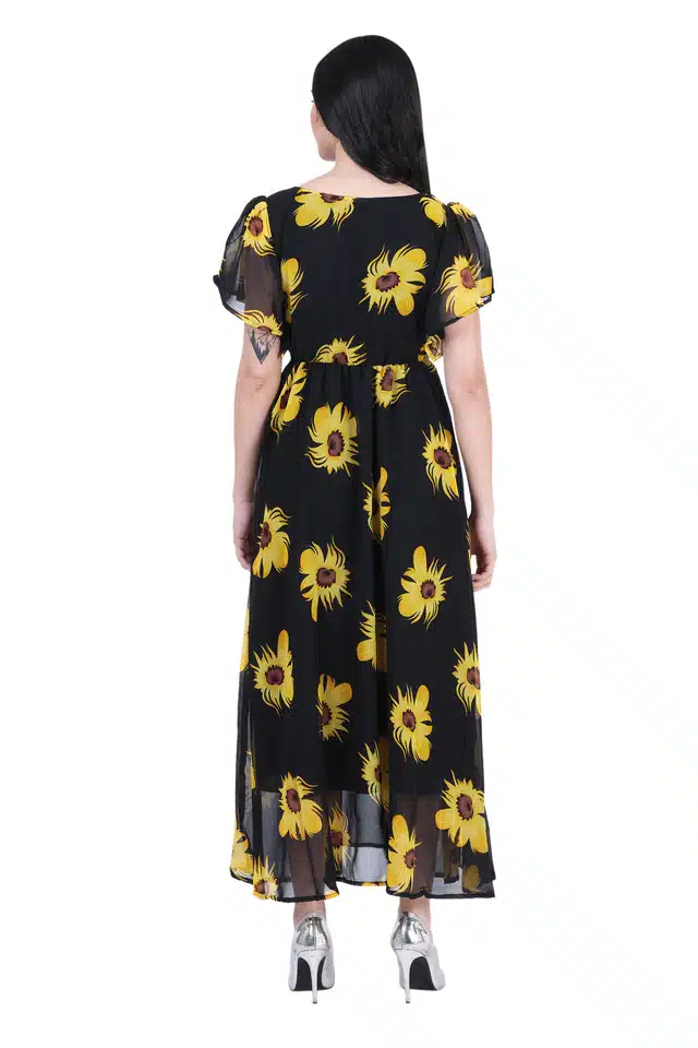 Women's Maxi Dress (Black & Yellow, L) (OD-383)