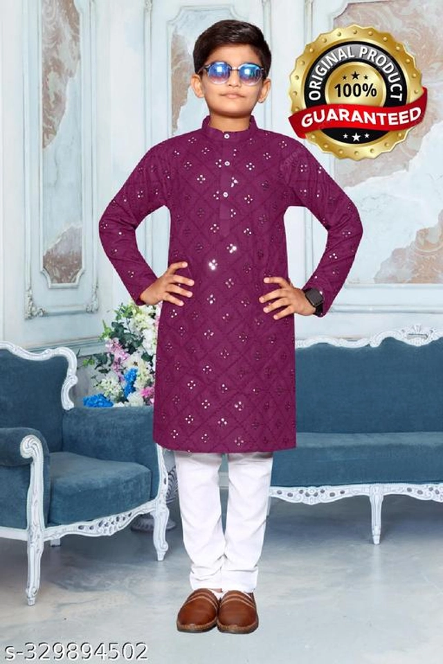 Cotton Blend Kurta Sets for Boys (2-3 Years, Wine & White)