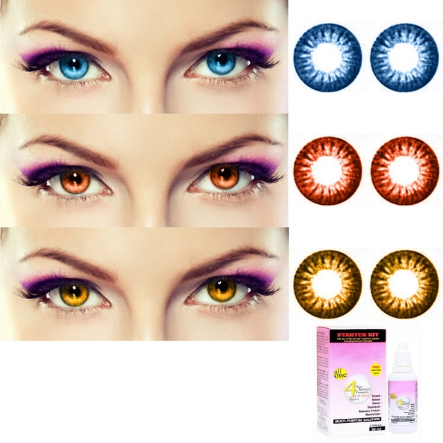 Combo of Zero Power Colored Contact Lenses for Eyes with Case (Multicolor, Set of 3)