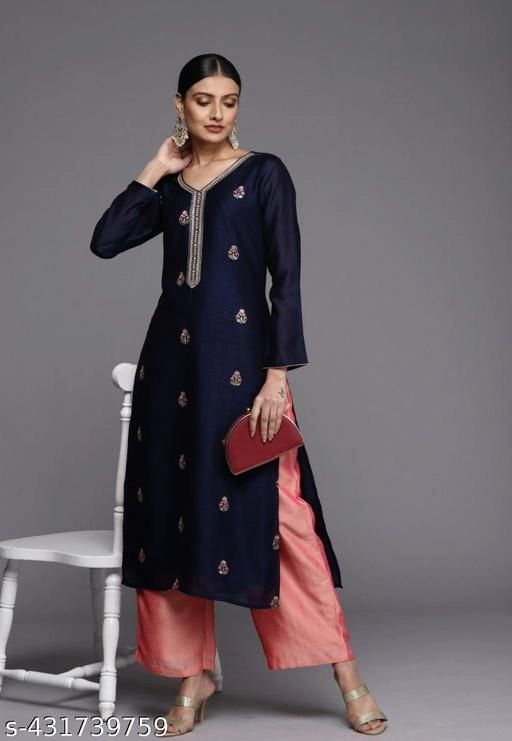 Silk Blend Embroidered Kurti for Women (Navy Blue, XS)