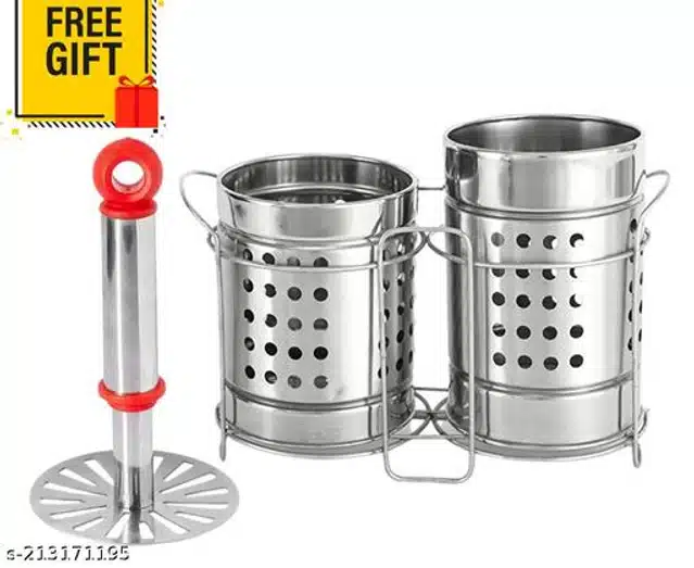 Stainless Steel Twin Cutlery Rack with Potato Masher (Red & Silver, Set of 2)