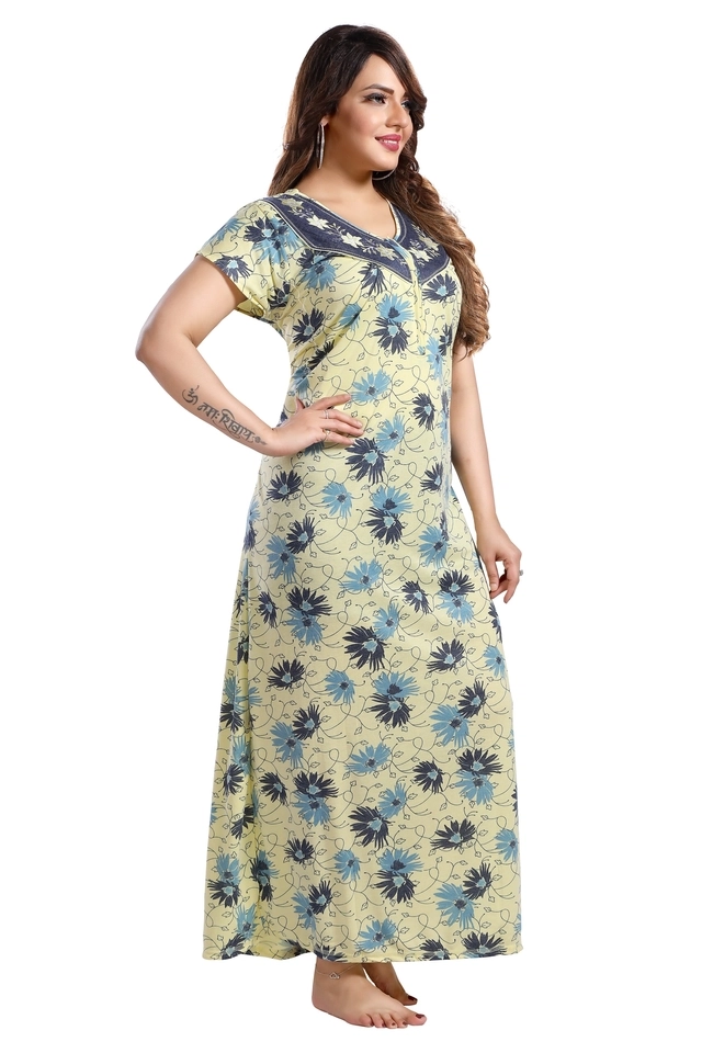 Hosiery Printed Nighty for Women (Yellow, Free Size)