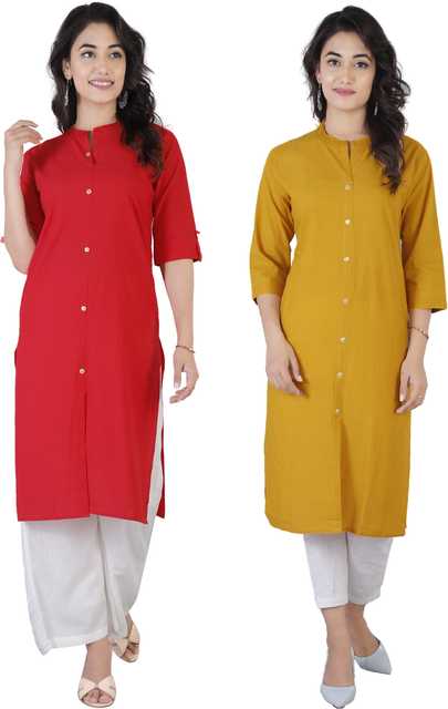 Knee Length Kurti for Women (Pack of 2) (Red & Yellow, L) (MLF-1256)