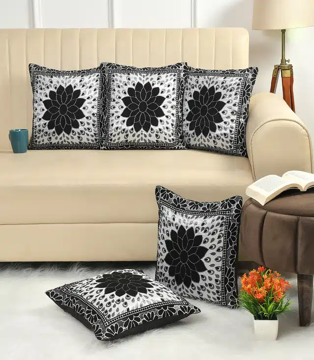 Polycotton Cushion Covers (Pack of 5) (Silver & Black, 16x16 Inches)