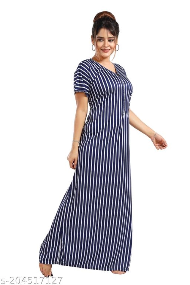 Polyester Nightdress for Women (Navy Blue, L)