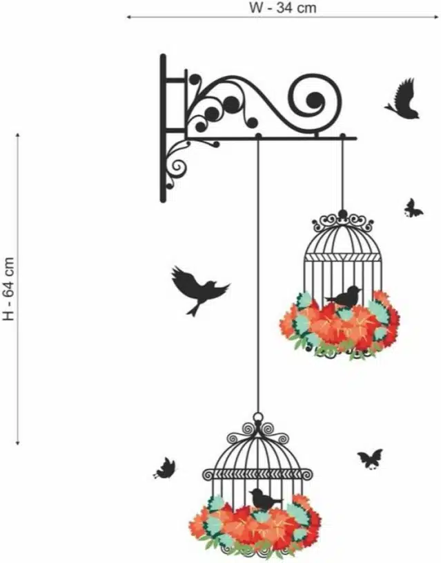 Hanging Birds Cage with Flowers Self Adhesive Wall Stickers