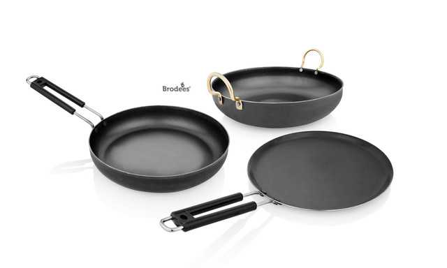 BRODEES Iron Cookware Kadahi 24 Cm Frypan 25 Cm Dosa Tawa 25.50 Cm Induction Bottom Cookware Set (Iron, 3 Piece) (Set of 3 Pcs) (A-3)