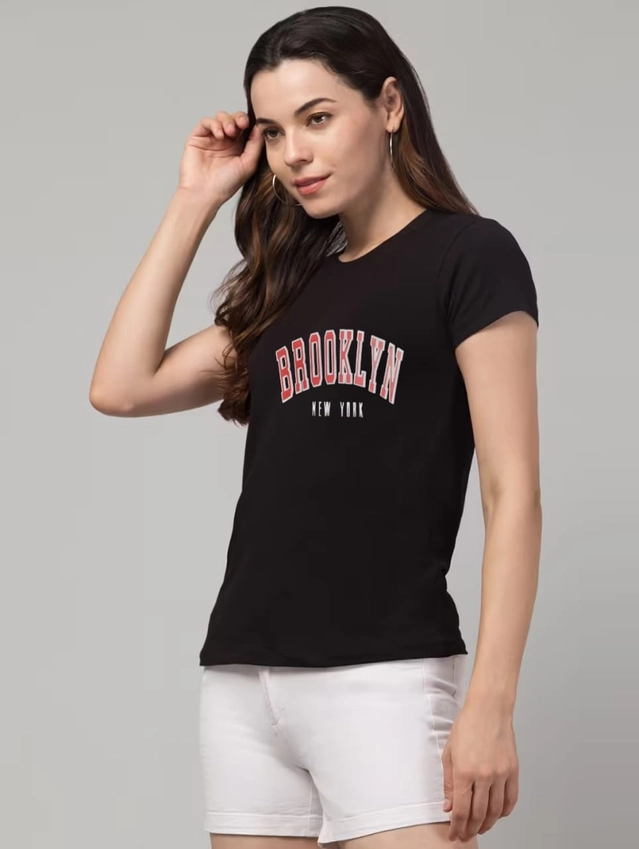 Round Neck Printed T-Shirt for Women (Black, S)