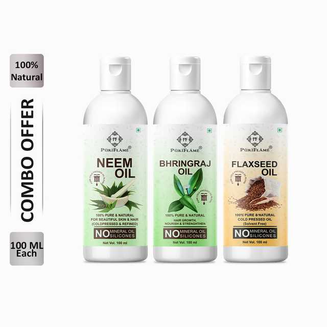 PuriFlame Pure Neem Oil (100 ml) & Bhringraj Oil (100 ml) & Flaxseed Oil (100 ml) Combo For Rapid Hair Growth (Pack Of 3) (B-5748)