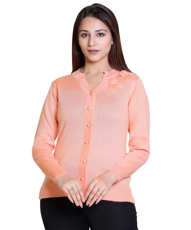 V Neck Solid Cardigans for Women (Peach, M)