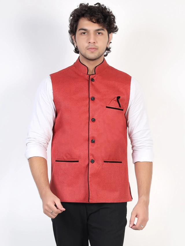 Jute Khadi Solid Waistcoat for Men (Maroon, M)