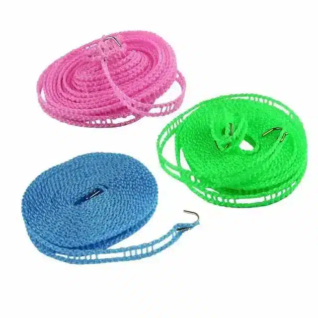 K Kudos Windproof Anti-Slip Cloth Drying Nylon Rope With Hooks (Pack Of 2, 5 mtr)