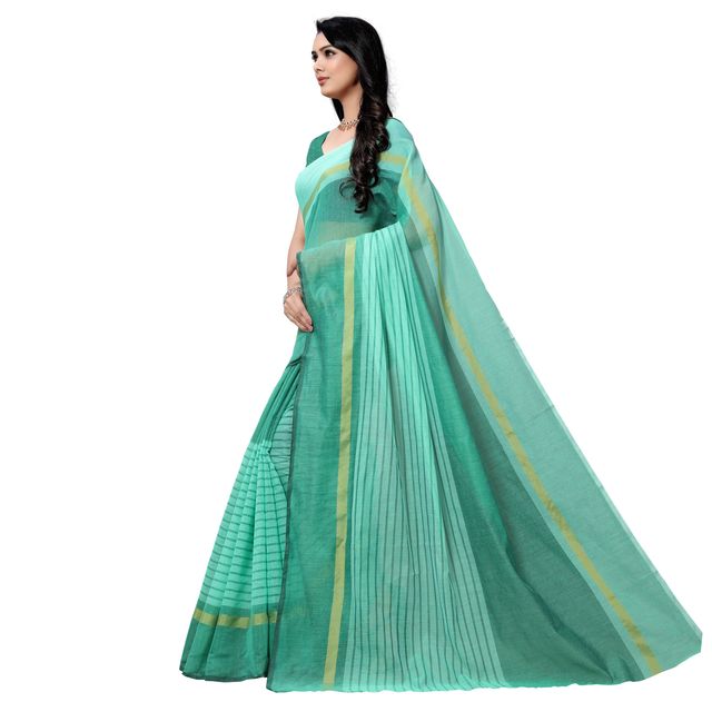 सिद्धिदाता टेक्सटाइल विमेंस कॉटन ब्लेंड स्ट्राइप साड़ी विद अन-स्टीट्च्ड ब्लाउज पीस 