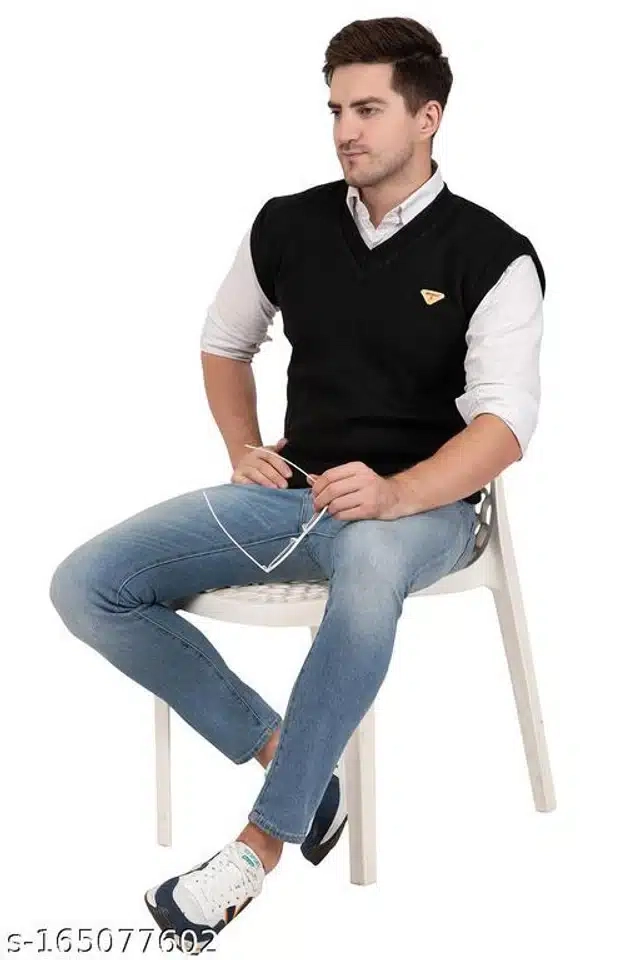 Woolen Sleeveless Sweater for Men (Black, L)