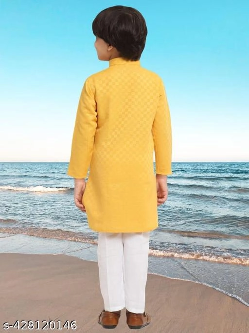 Cotton Blend Kurta with Pyjama for Boys (Yellow & White, 1-2 Years)