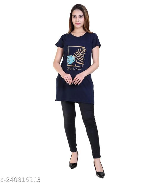 Round Neck Printed Long T-Shirt for Women (Navy Blue, M)