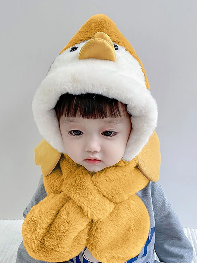 Woolen Cartoon Theme Winter Beanie Scarf for Kids (Yellow, 1-5 Years)