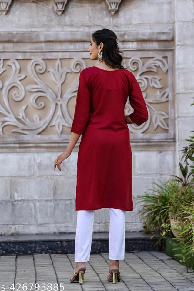 Cotton Embroidered Kurti for Women (Maroon, S)