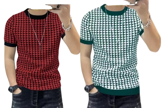 Round Neck Printed T-Shirt for Men (Green & Maroon, S) (Pack of 2)