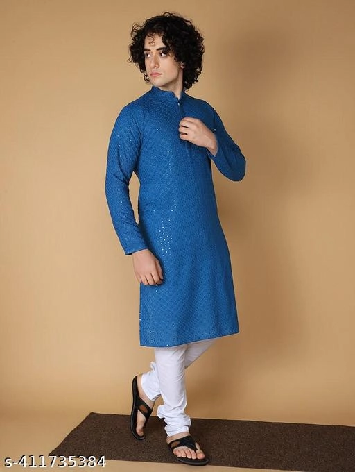 Viscose Rayon Embroidered Kurta for Men (S, Teal)