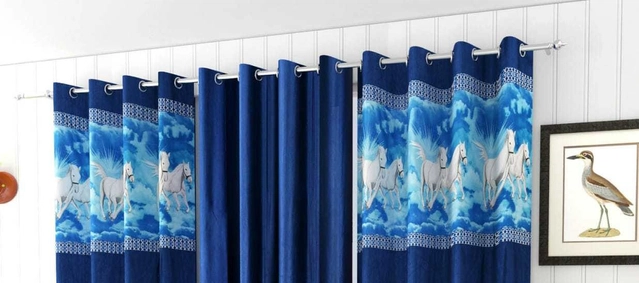 Polyester Room Darkening Printed Door Curtains (Navy Blue, 7 Feet) (Set of 3)