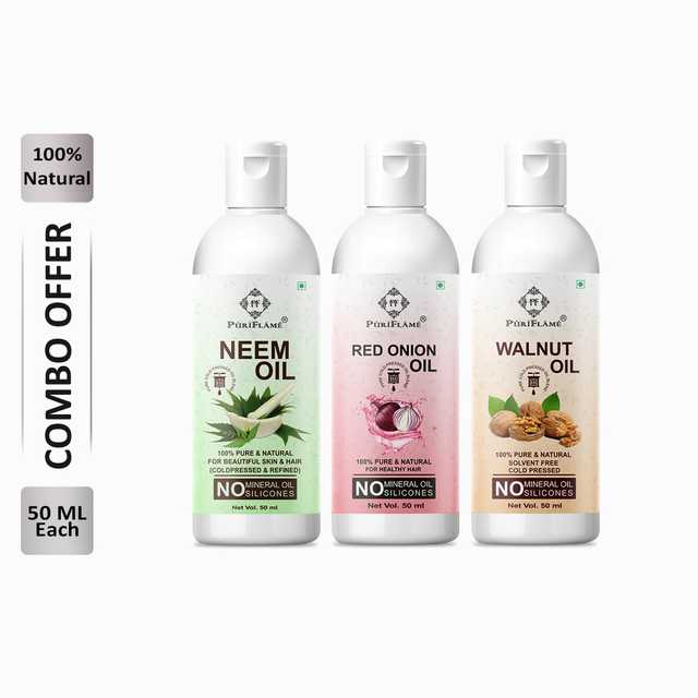 Puriflame Pure Neem Oil (50 ml), Red Onion Oil (50 ml) & Walnut Oil (50 ml) Combo for Rapid Hair Growth (Pack Of 3) (B-12214)