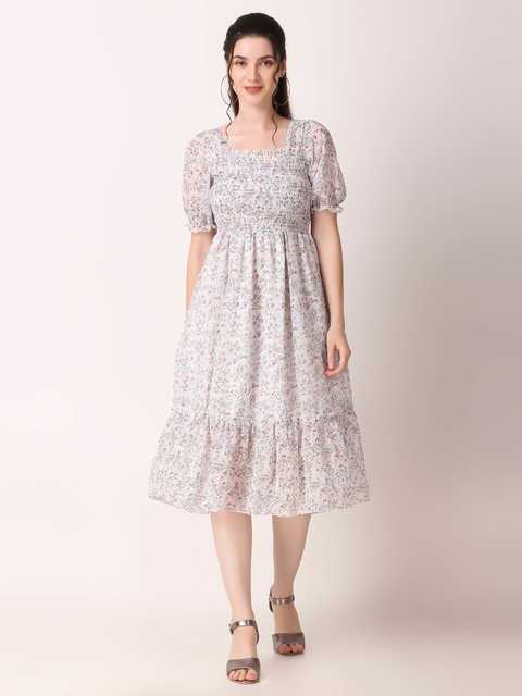 Stylish New Georgette Women Printed Summer Cool Dress (White, XS) (ITN-103)