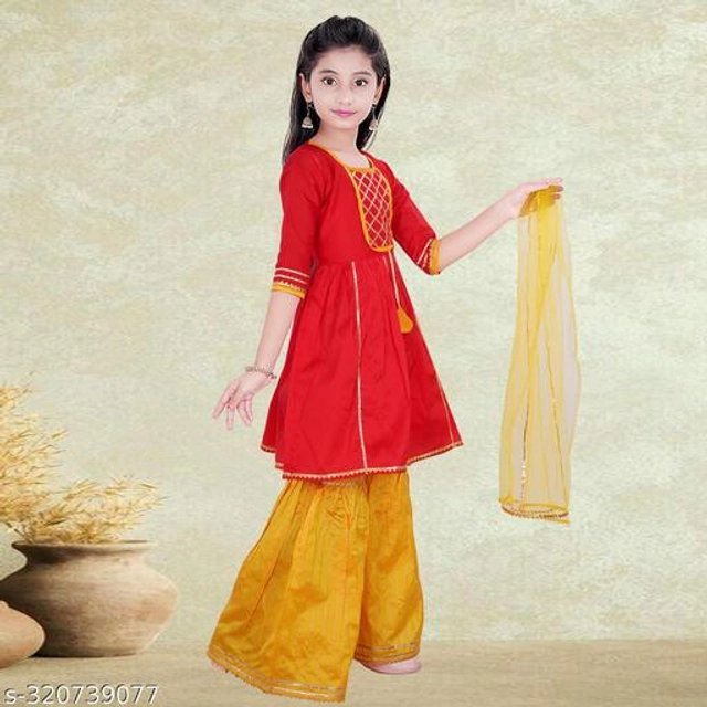 Dupion Silk Kurta Sets for Girls (Red & Yellow, 2-3 Years)