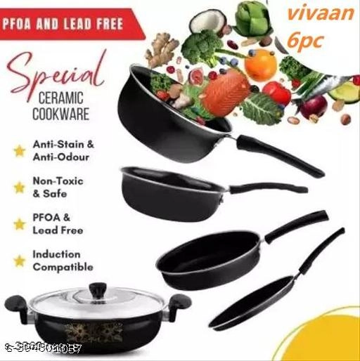 Combo of Sauce Pan, Tadka Pan, Fry Pan, Tawa & Kadai with Lid (Black, Set of 5)