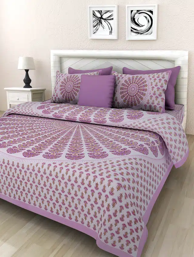Rajasthani Traditional Cotton Bedsheet With 2 Pillow Covers (Purple, 433 X 94 Inch) (Mc-348)