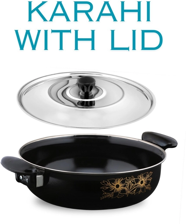 Cast Iron Kadai with Lid (Black & Silver, 28 cm)