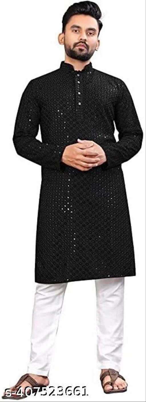 Cotton Embroidered Kurta with Pyjama for Men (S, Black)