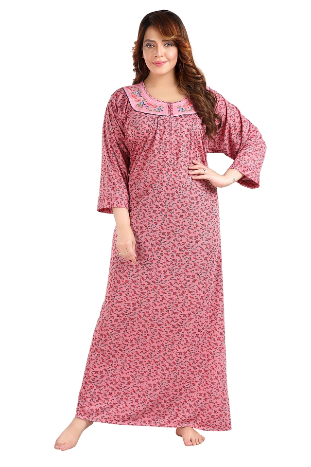 Hosiery Printed Nightdress for Women (Pink, M)