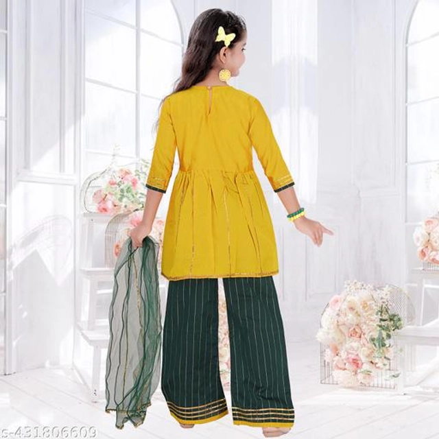 Poly Silk Kurta Sets for Girls (Yellow & Green, 2-3 Years)