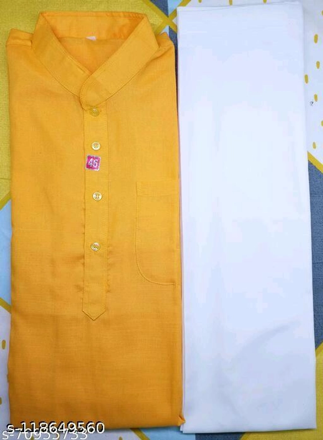Cotton Solid Kurta with Pyjama for Men (Yellow & White, S)