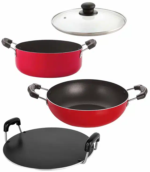 Aluminium Nonstick Cookwear Set with Glass Lid (Red, Set of 4)