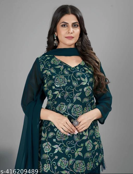 Georgette Embroidered Kurti with Sharara & Dupatta for Women (Teal, S)