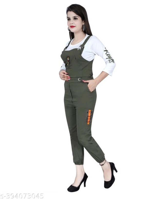 Cotton Blend Dungaree for Women (Olive, S)