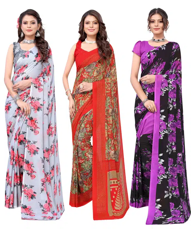 Women's Designer Floral Printed Saree with Blouse Piece (Pack of 3) (Multicolor) (SD-285)