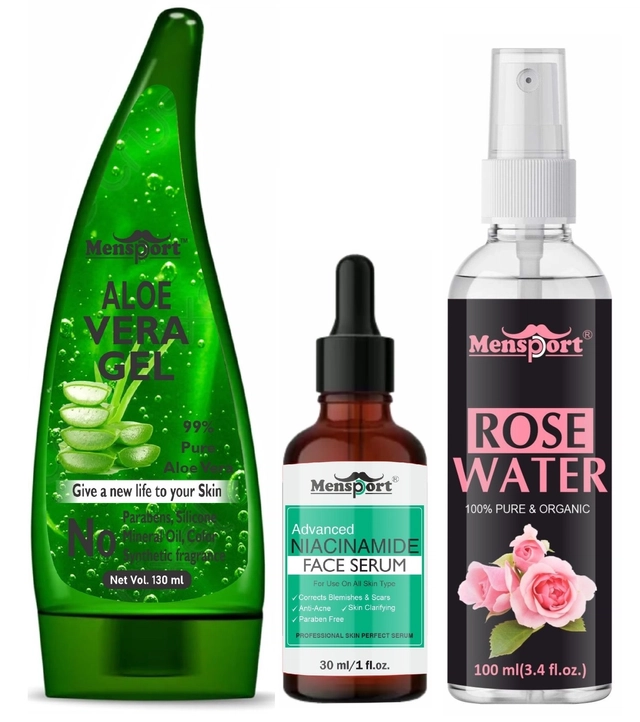 Mensport Aloevera Face Gel (130 ml), Niacinamide Anti Acne Face Serum (30 ml) & Natural Rose Water (100 ml) (Set of 3)