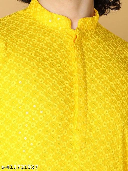 Viscose Embroidered Kurta with Pyjama for Men (S, Yellow & White)