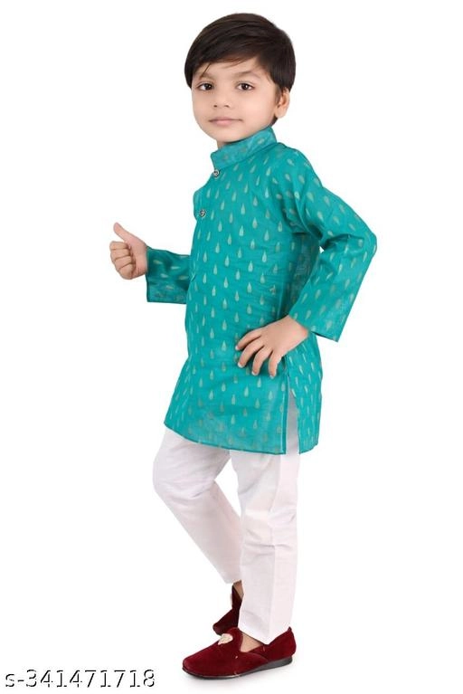 Cotton Blend Printed Kurta with Pyjama for Boys (Turquoise & White, 0-3 Months)