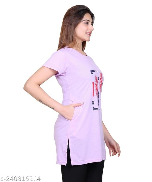 Round Neck Printed Long T-Shirt for Women (Lavender, M)