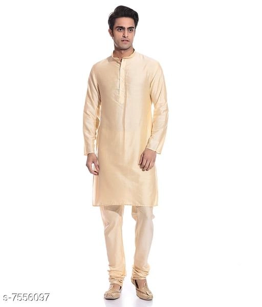 Dupion Silk Solid Kurta with Pyjama for Men (Cream, S)